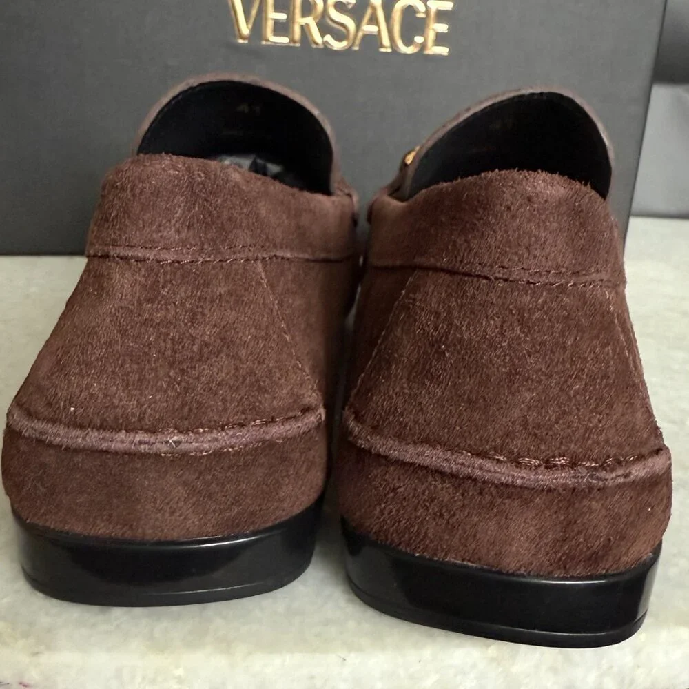 VERSACE 1009707 Medusa Men's Brown Suede Driver‎ Shoes, 40.5